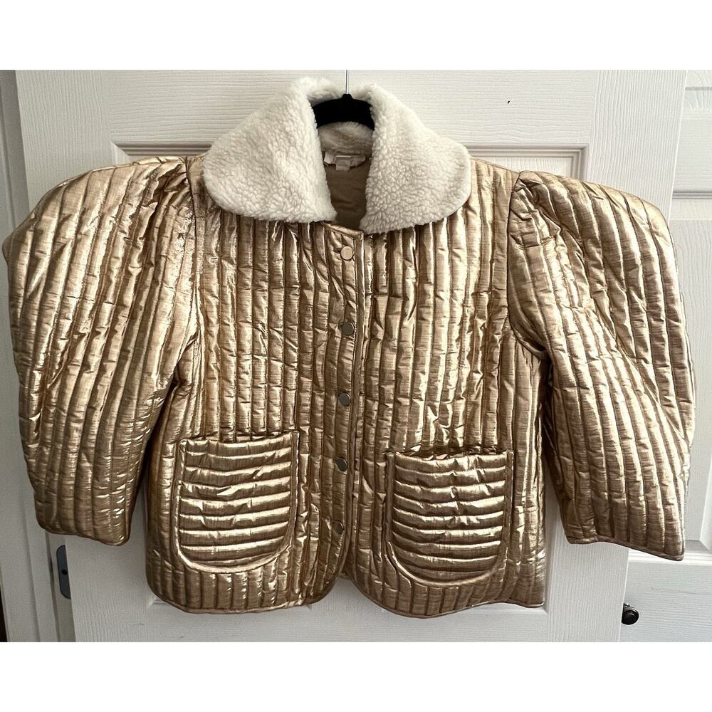 LET ME BE Anthropologie Women's Gold Foil Puff Sleeve Quilted Cropped Jacket - Picture 2 of 11